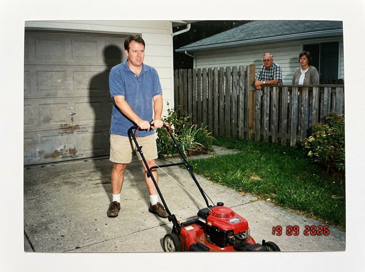 A man yanks a snapped lawnmower cord while two neighbours watch over a fence