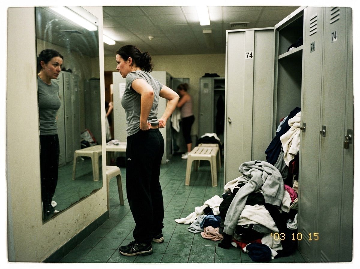 A woman checks her posture in a mirror while a locker empties its contents onto the floor behind her