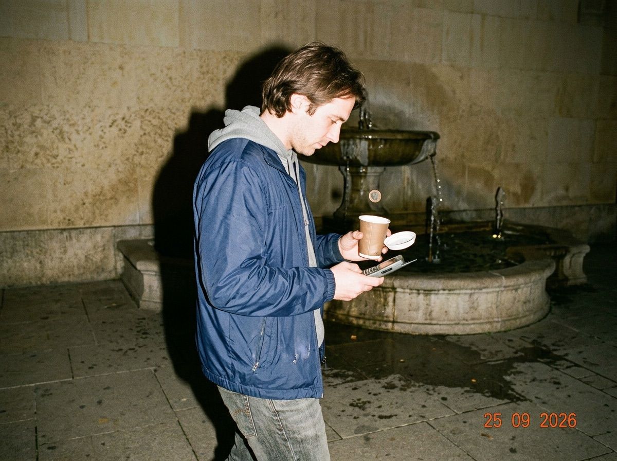 A tossed coin falls towards a man's open coffee cup as he walks past a fountain looking at his phone