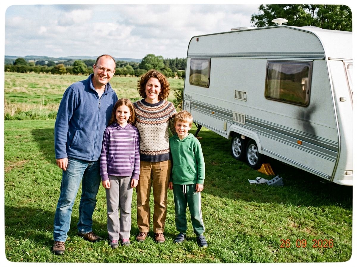 A family poses in front of a caravan that has started rolling backwards down a slope