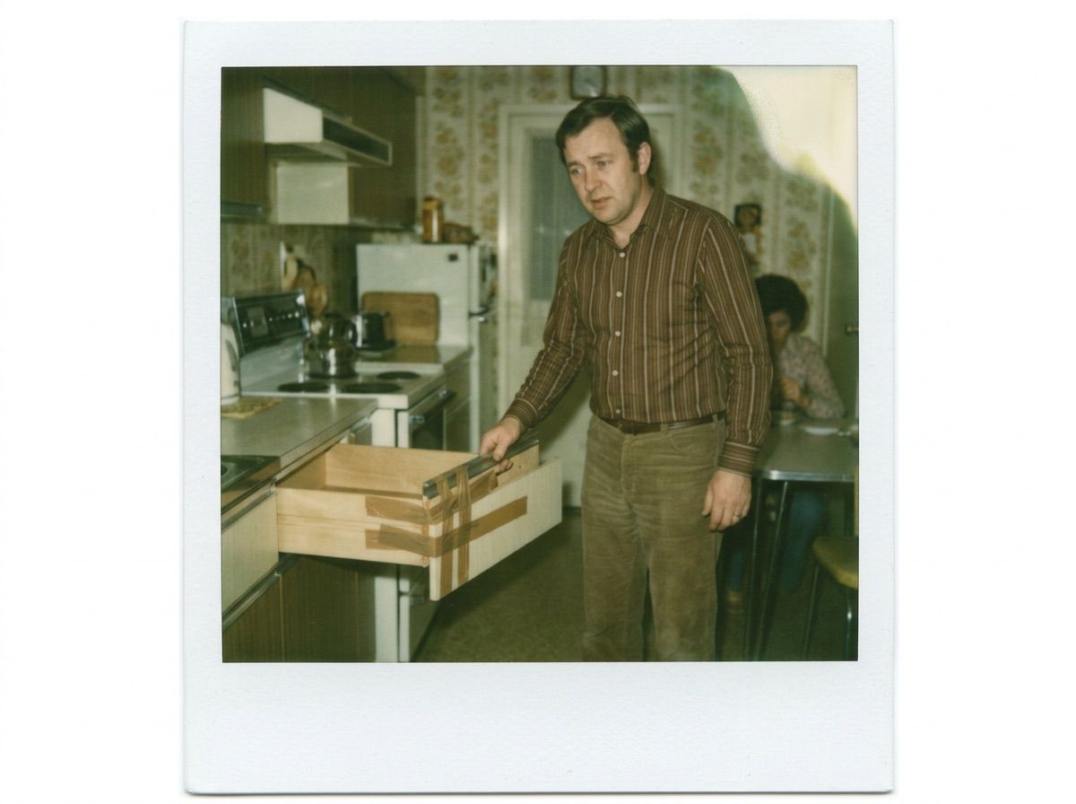 A man holds a drawer front repaired with packing tape that has come off in his hand