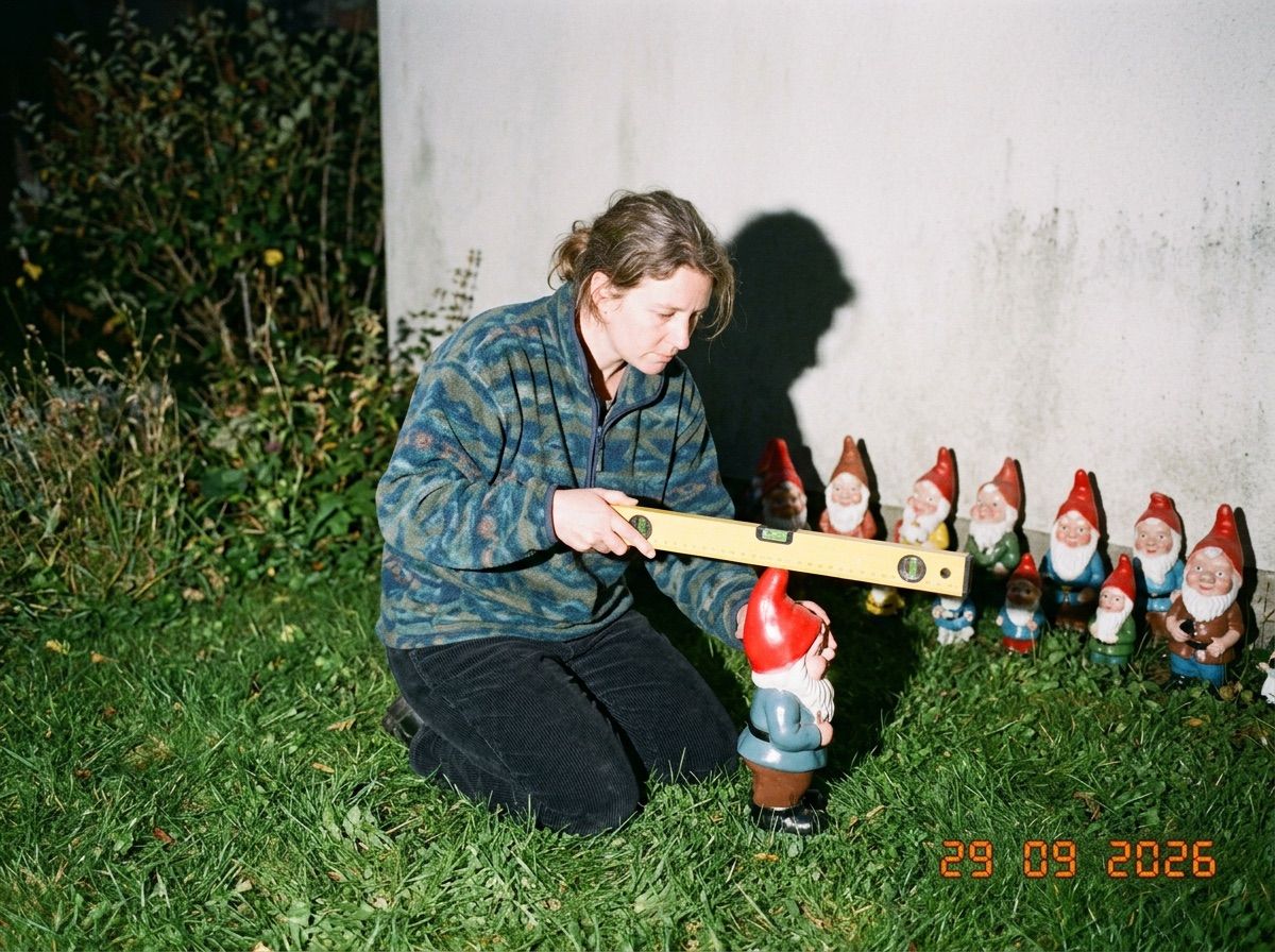 A woman holds a spirit level across a garden gnome's hat with more gnomes behind her