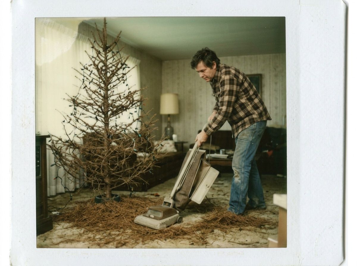 A man vacuums a carpet covered in pine needles beside a completely bare christmas tree