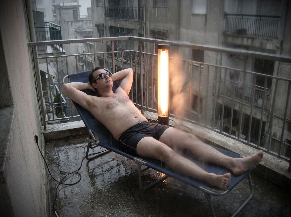 A man sunbathes under a sunlamp on a balcony in heavy rain