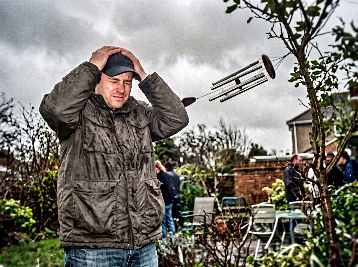 Wind chimes blown horizontal in a storm while a man clutches his hat