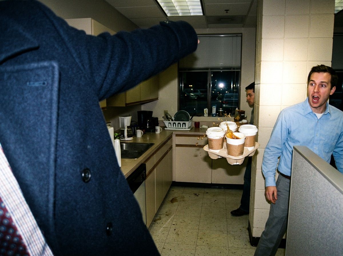 A surprise in an office kitchen sends a tray of four coffees into the air
