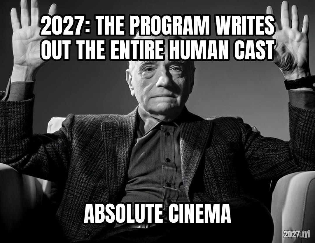 An older man raises both hands. 2027: the program writes out the entire human cast / ABSOLUTE CINEMA