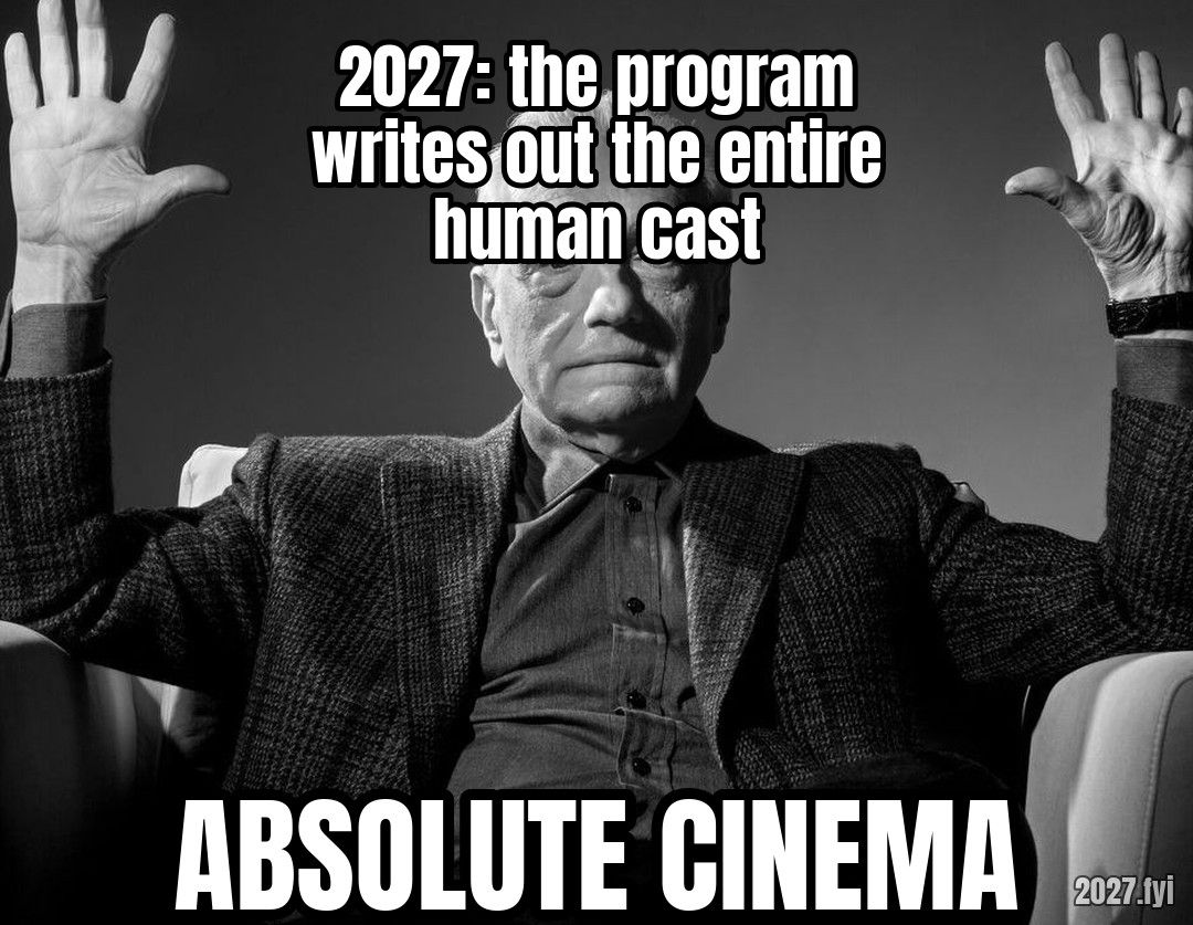 An older man raises both hands. 2027: the program writes out the entire human cast / ABSOLUTE CINEMA