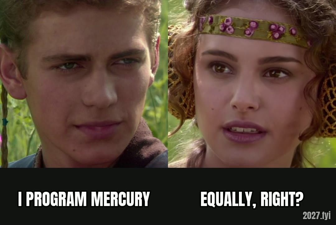 Four close-ups: a young man, a smiling woman, the young man again, the woman now uncertain. Quote above: "You know, Mercury might program me, but I program Mercury." She asks: equally, right? He answers: it is not.