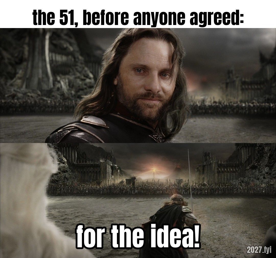 A warrior turns to address an army, then charges. Labels: the 51, before anyone agreed: / for the idea!