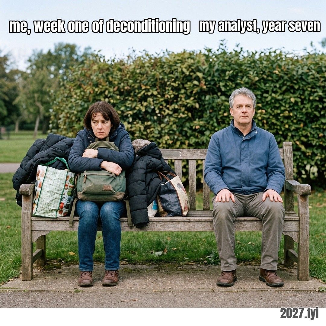 Two adults on a park bench: a woman hunched under bags and coats, a man beside her sitting upright with empty hands. ra: "how hard it is for human beings to just let go of their pain. and it's just a game." / me, week one of deconditioning / my analyst, year seven