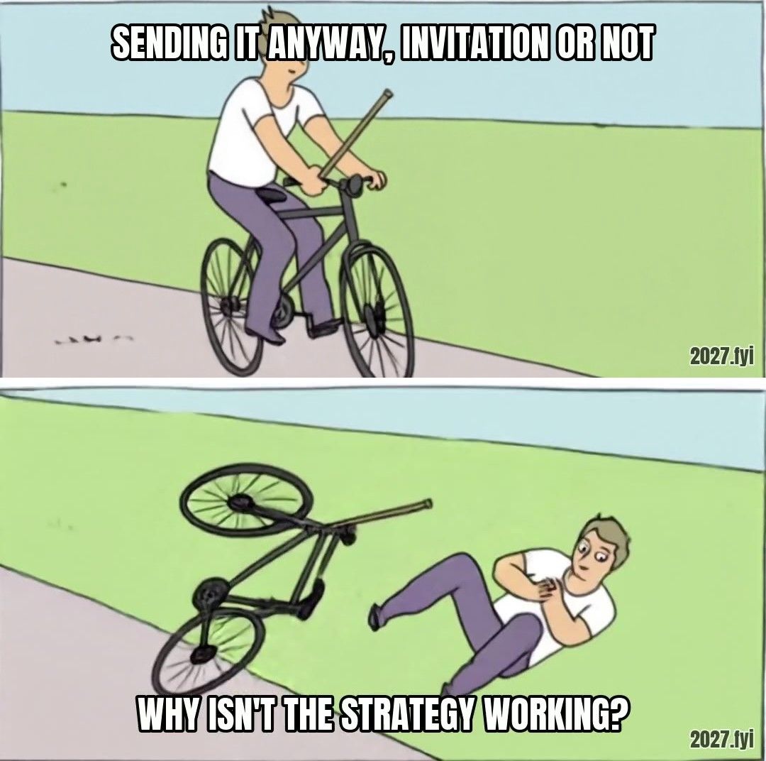 Comic of a cyclist who jams a stick into his own front wheel and crashes, then asks from the ground why the strategy isn't working. Labels: SENDING IT ANYWAY, INVITATION OR NOT / WHY ISN'T THE STRATEGY WORKING?