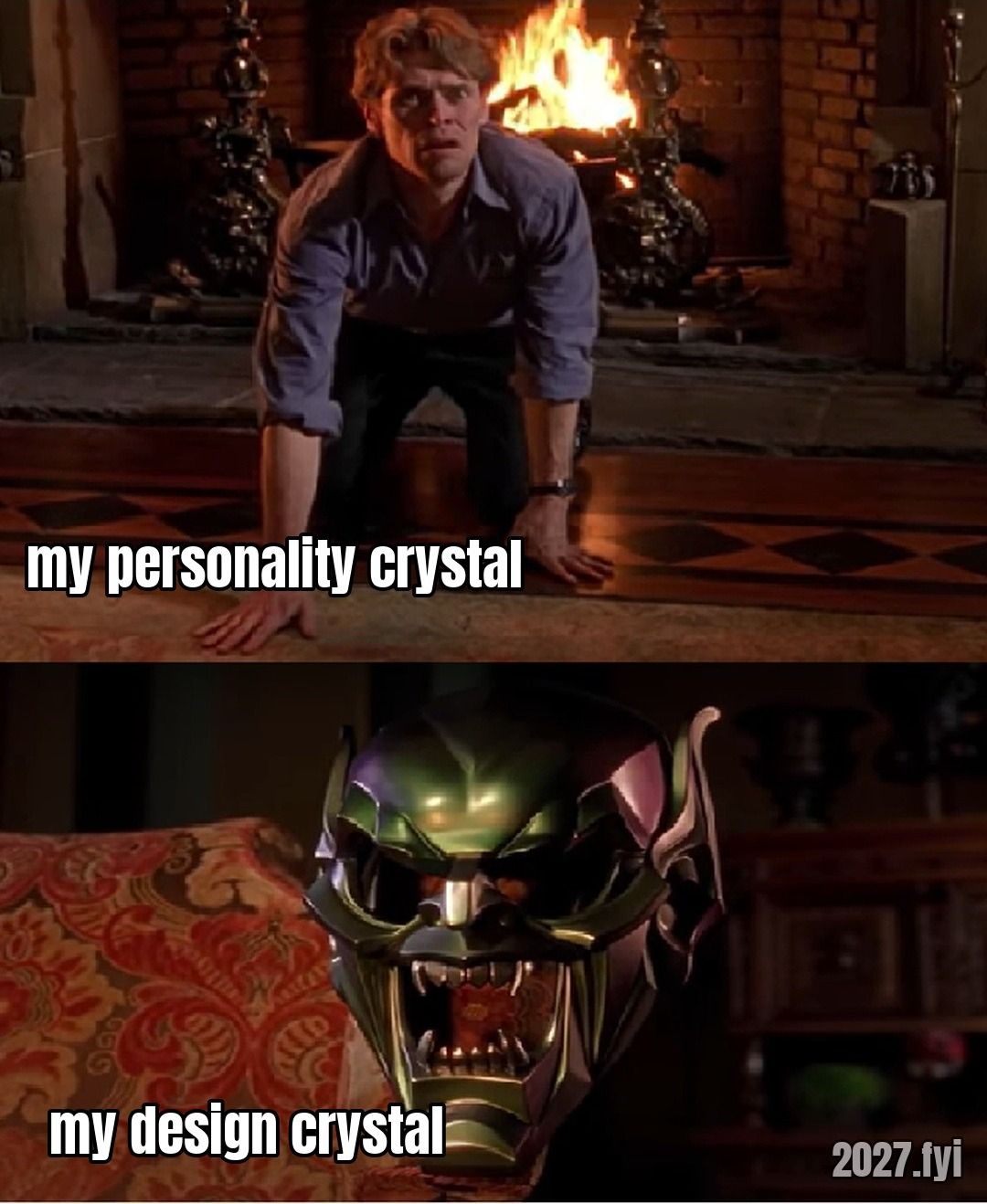 Norman Osborn talks to the Green Goblin mask. ra: "we are a binary consciousness" / my personality crystal / my design crystal