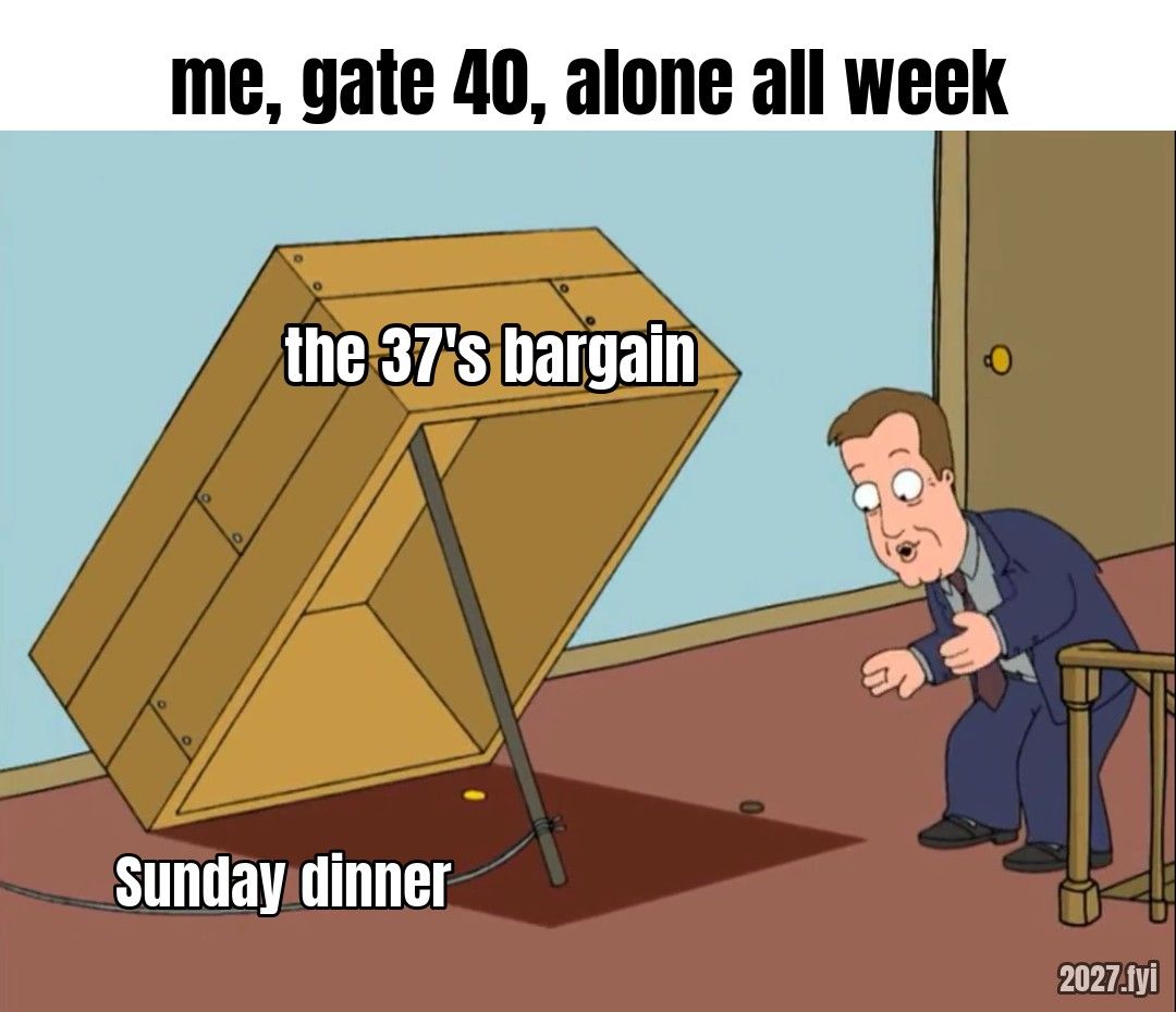 A cartoon man in a suit creeps toward a coin under a box propped up on a stick. Labels: me, gate 40, alone all week / the 37's bargain / Sunday dinner