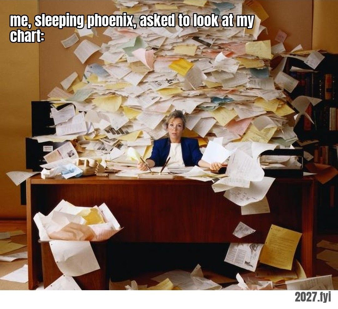 A woman at a desk buried under a mountain of paper. ra: "I am busy now, I am busy now. I am busy now, I am busy now." / me, sleeping phoenix, asked to look at my chart: