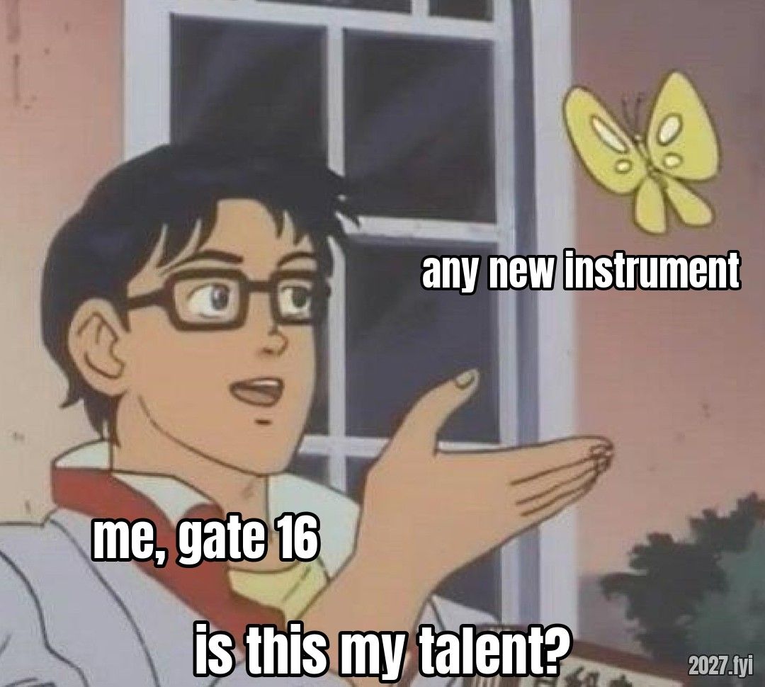 An anime man gestures at a butterfly. Labels: me, gate 16 / any new instrument / is this my talent?