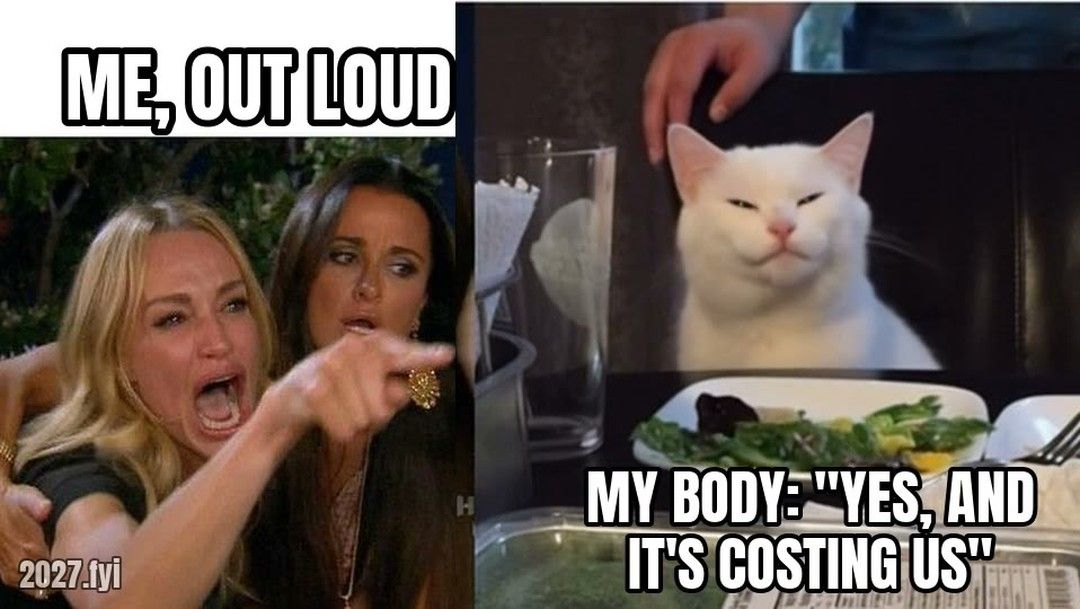 A woman yelling and pointing, next to a white cat at a dinner table. Labels: me, out loud / my body: "yes, and it's costing us"