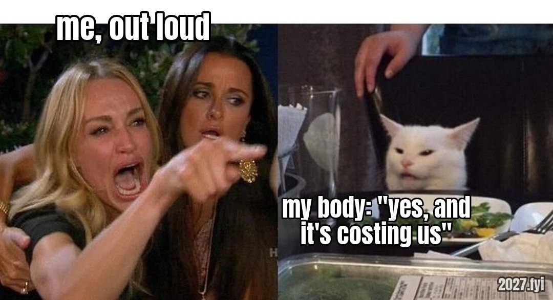 A woman yelling and pointing, next to a white cat at a dinner table. Quote above: "And it doesn't, you know, it's in there saying, no, no, no, we're investigators." Labels: me, out loud / my body: "yes, and it's costing us"