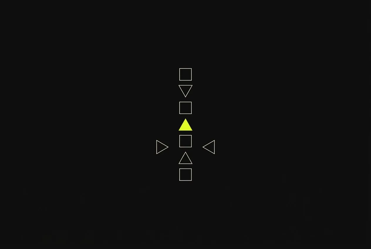 Line illustration: nine small geometric shapes, triangles and squares, arranged vertically like a map of energy centers, one triangle acid yellow.