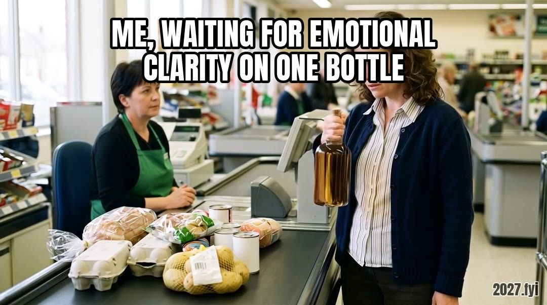 At a supermarket checkout a woman lifts a bottle over the belt and hesitates while the cashier waits. Label: ME, WAITING FOR EMOTIONAL CLARITY ON ONE BOTTLE