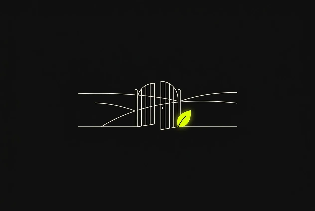 Line illustration: a garden gate standing slightly open in an empty landscape, a single leaf beside it glowing acid yellow.