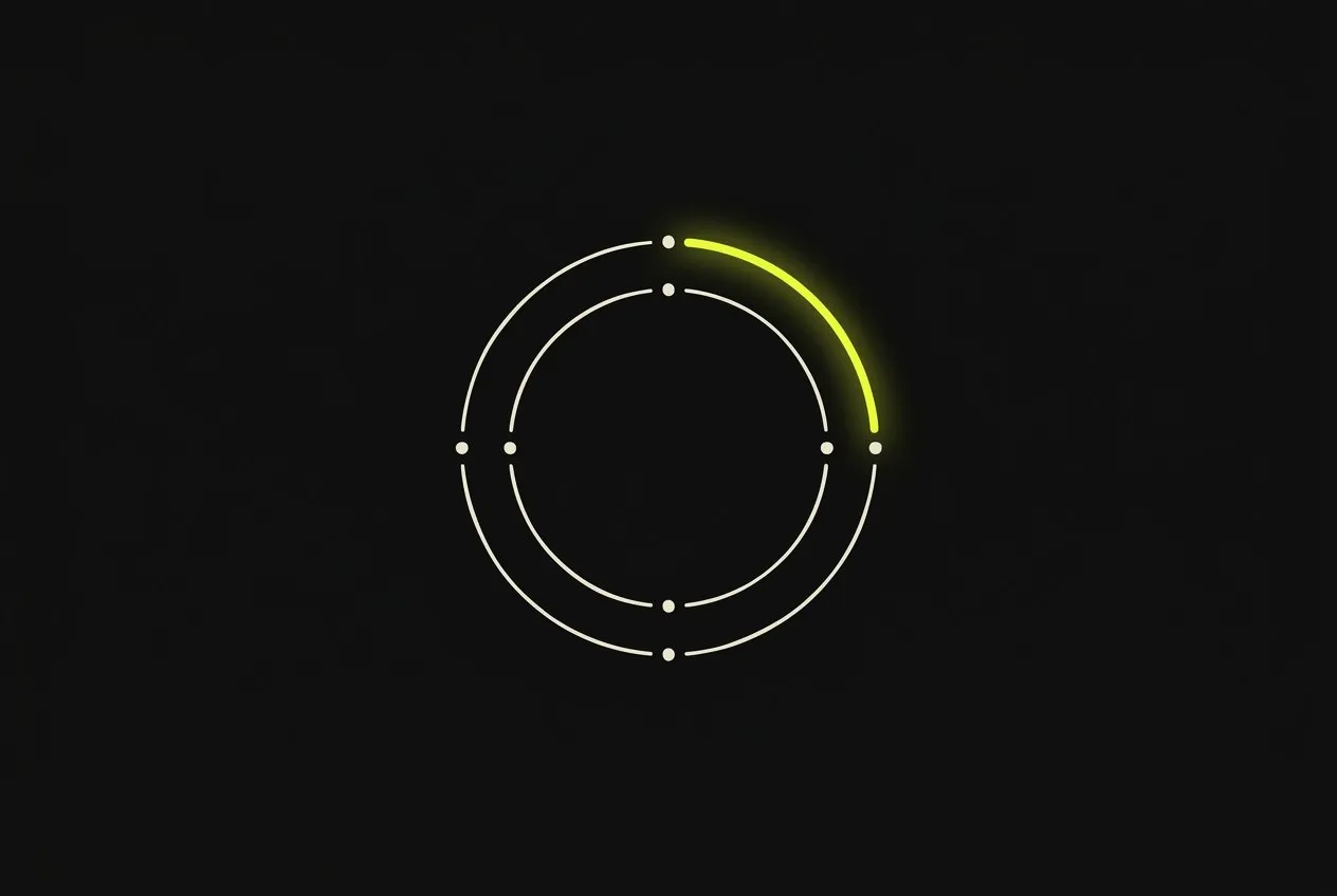 Line illustration: a thin circle like a wheel with four small points marking a cross, one quadrant arc glowing acid yellow.