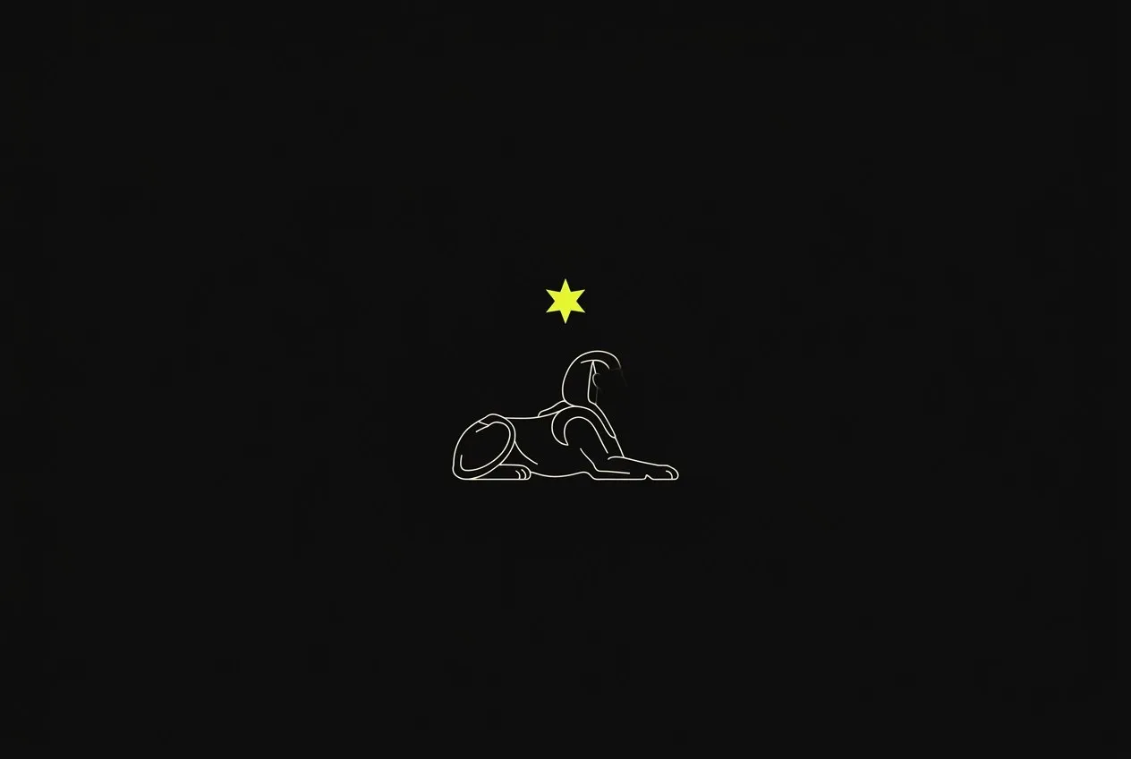 Line illustration: a lion-bodied sphinx statue in side profile, head turned away into shadow, one small star above it glowing acid yellow.