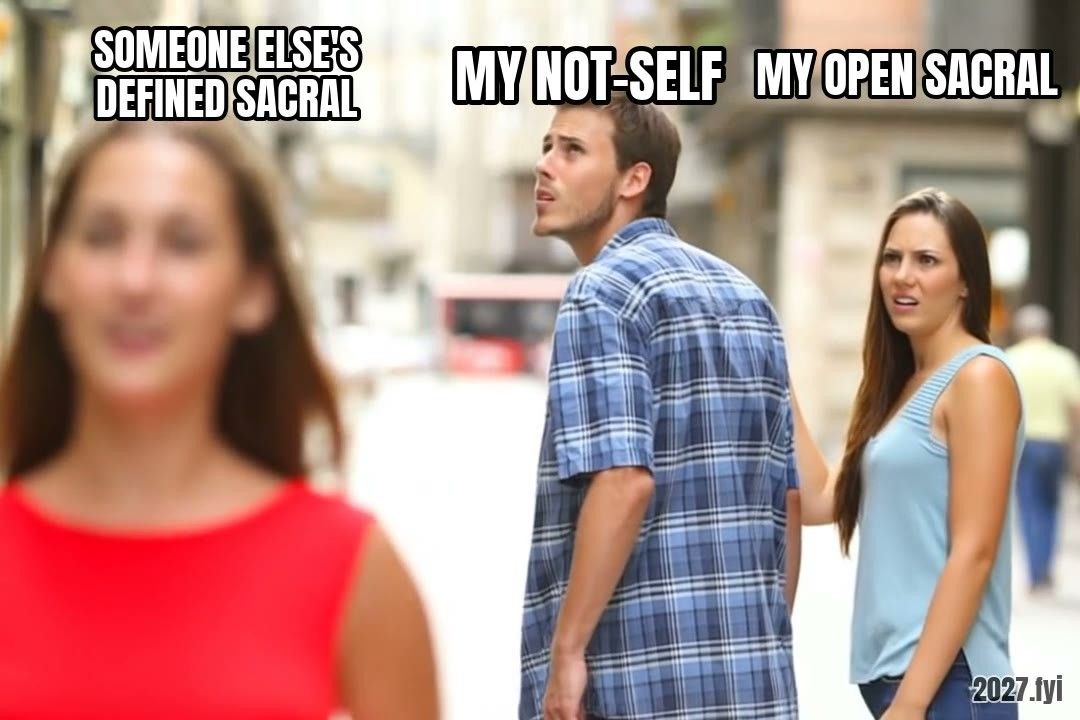 Distracted boyfriend meme. someone else's defined sacral / my not-self / my open sacral