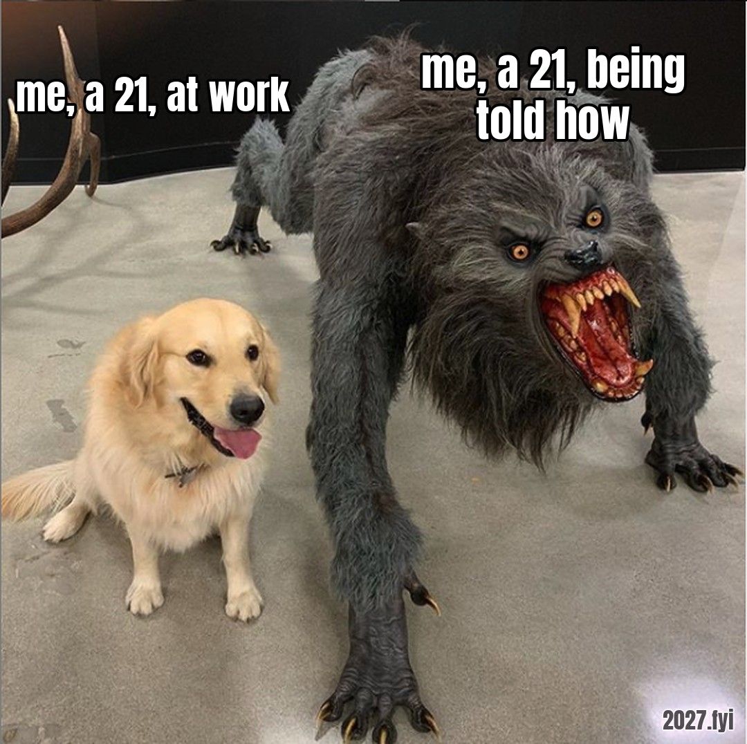 A calm golden retriever sits next to a snarling werewolf figure. Over the dog: me, a 21, at work. Over the werewolf: me, a 21, being told how