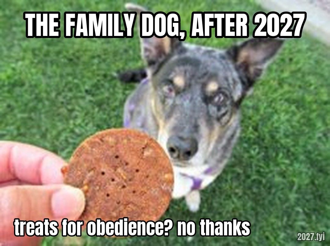 Dog Treat meme. THE FAMILY DOG, AFTER 2027 / treats for obedience? no thanks
