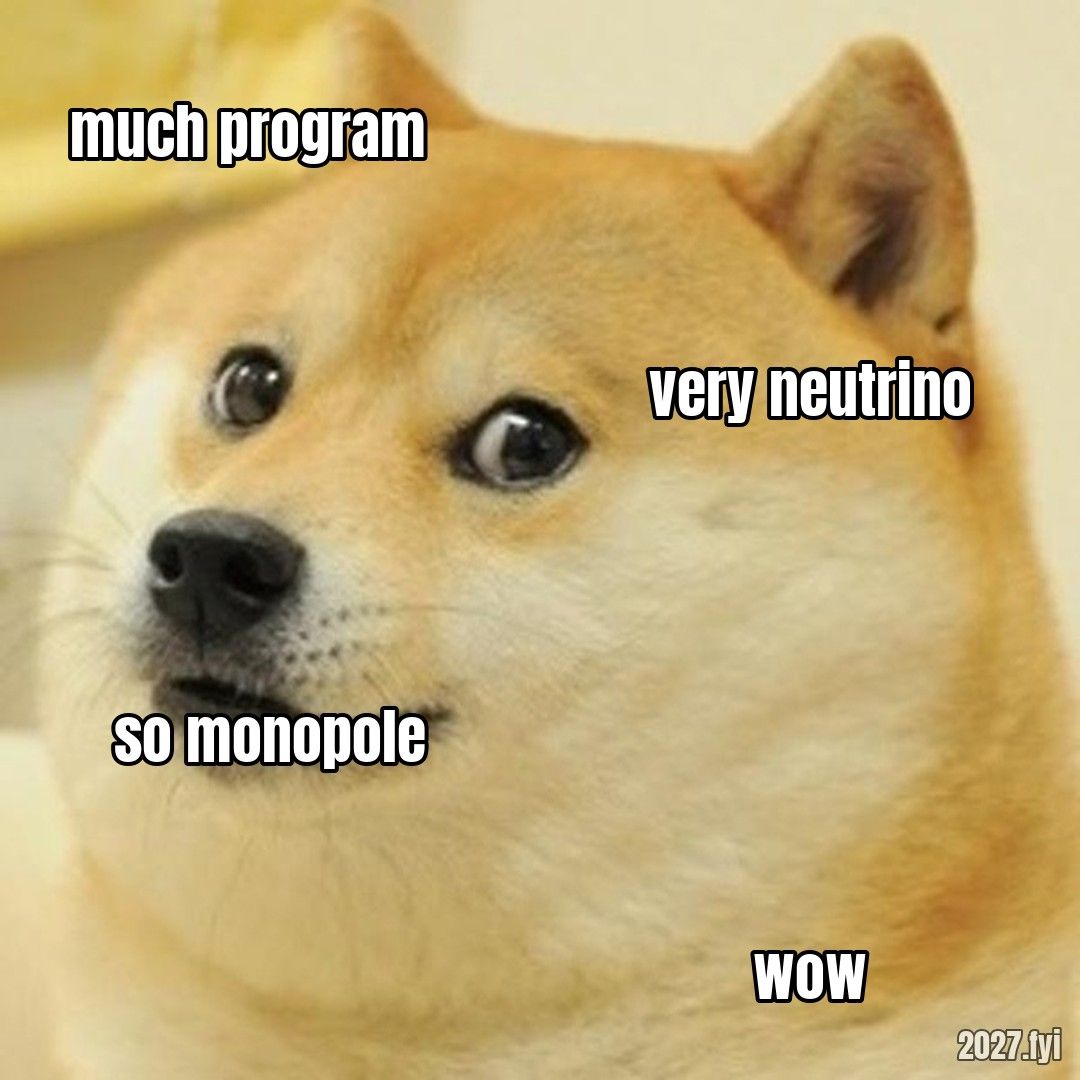 Doge with scattered comic sans. much program / very neutrino / so monopole / wow