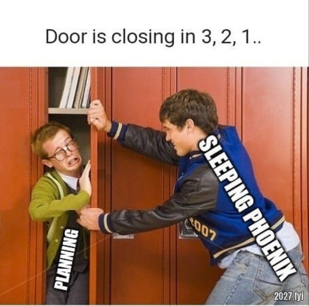 A jock labelled SLEEPING PHOENIX shoves a nerd labelled PLANNING into a locker. Door is closing in 3, 2, 1..