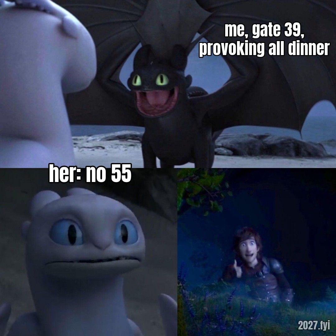 Animated film stills: a black dragon performs an eager display, a white dragon stares back blankly, a young man gives a thumbs up from the bushes. Labels: me, gate 39, provoking all dinner / her: no 55