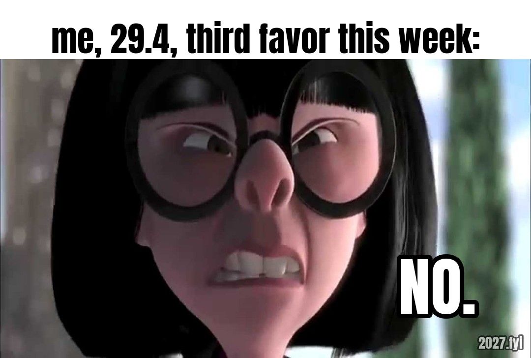 A small cartoon designer with big glasses says NO. Label: me, 29.4, third favor this week:
