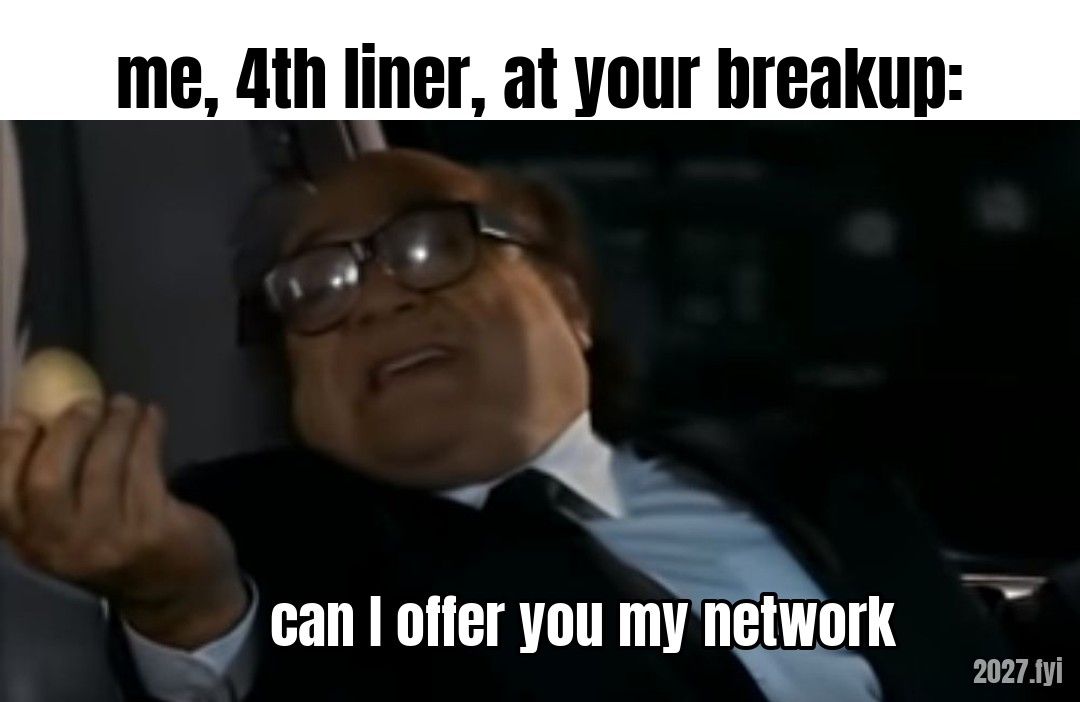 A man in a car offers an egg. Labels: me, 4th liner, at your breakup: / can I offer you my network