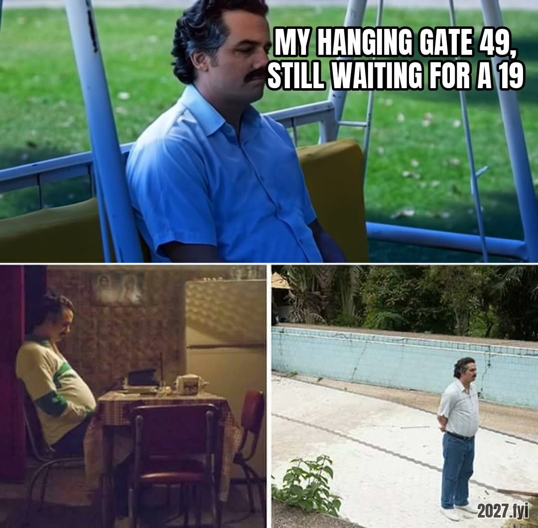 Pablo Escobar waiting alone in three scenes. my hanging gate 49, still waiting for a 19