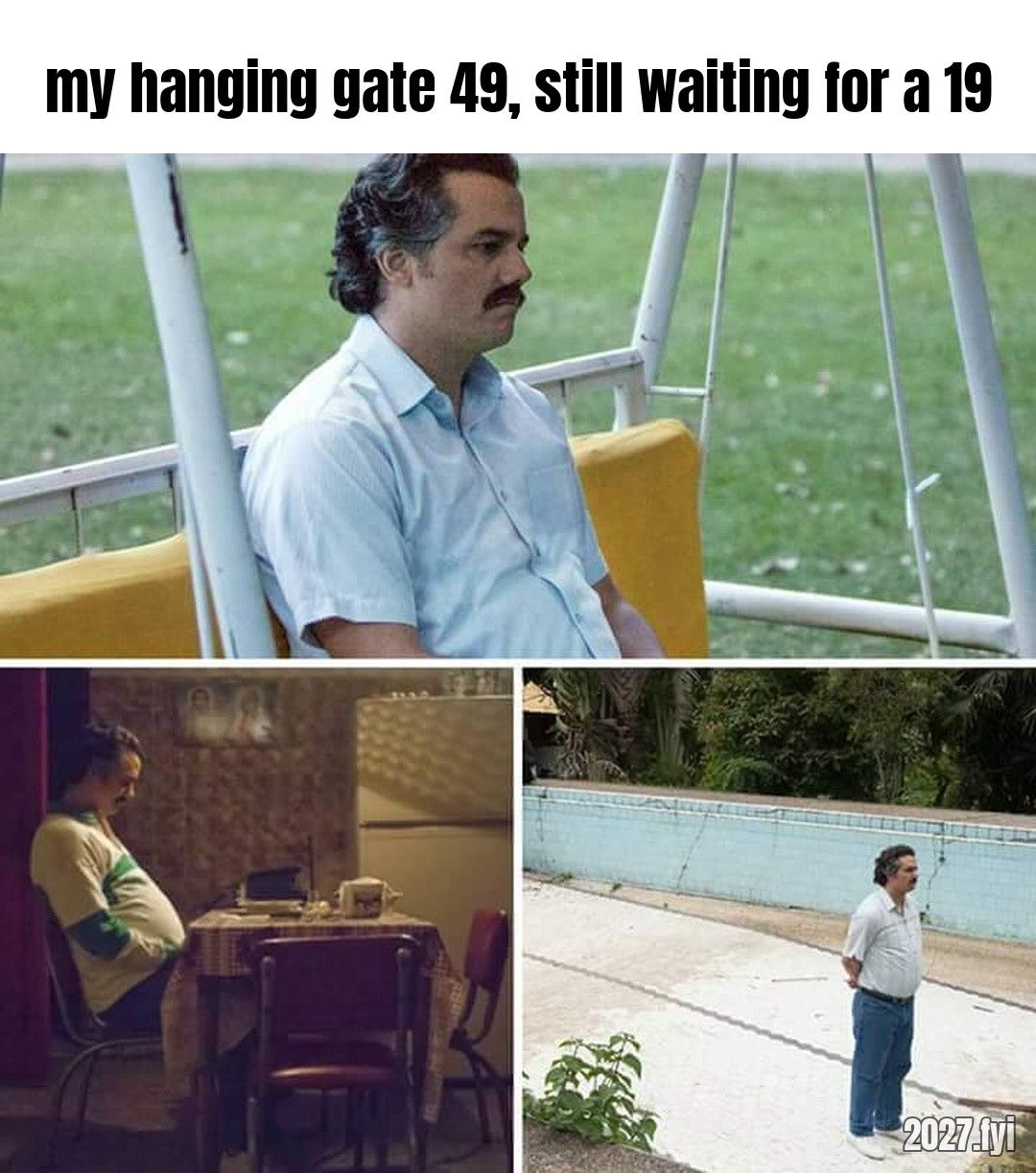 Pablo Escobar waiting alone in three scenes. my hanging gate 49, still waiting for a 19