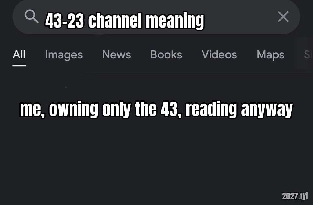 A dark-mode search page; the search box reads: 43-23 channel meaning. In the empty results: me, owning only the 43, reading anyway
