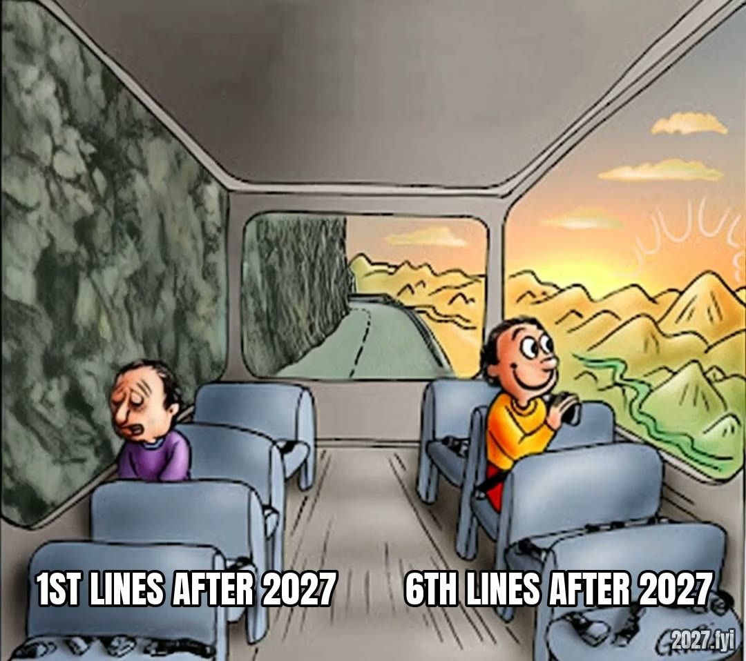 Two passengers on a bus: sad one by the rock wall labelled 1ST LINES AFTER 2027, happy one by the sunny view labelled 6TH LINES AFTER 2027