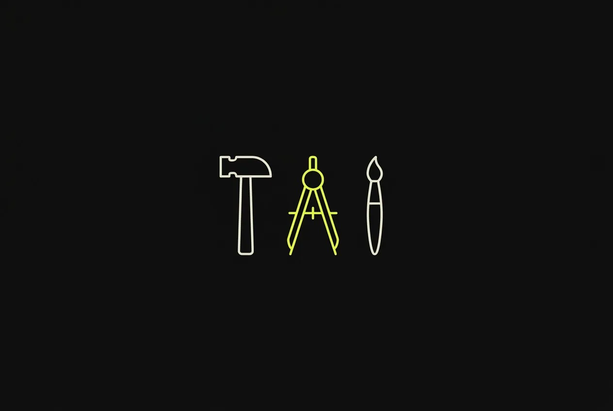 Line illustration: a row of simple tools, hammer, compass and brush, the compass acid yellow.