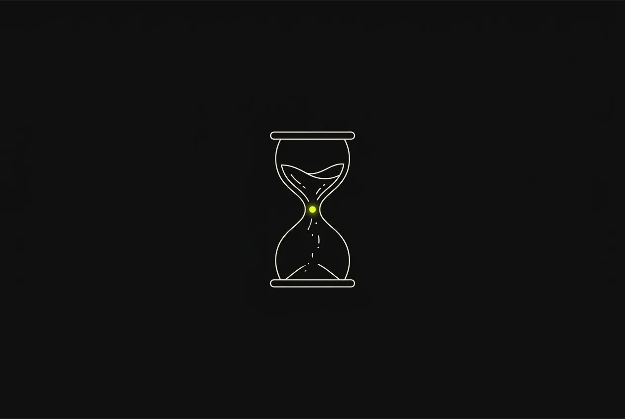 Line illustration: an hourglass with the sand frozen mid-fall, one grain glowing acid yellow.