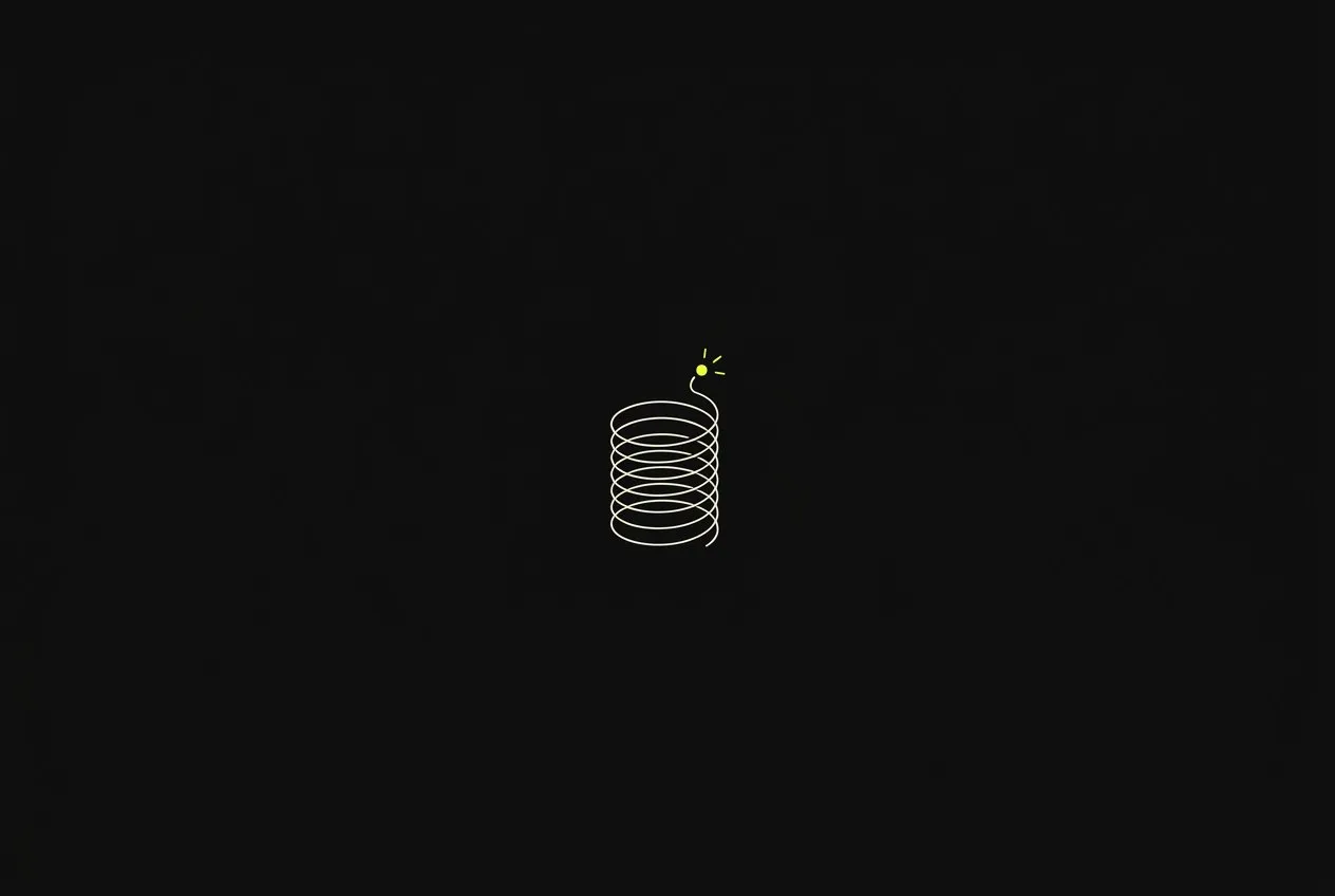 Line illustration: a tightly coiled spring releasing a single spark, the spark acid yellow.