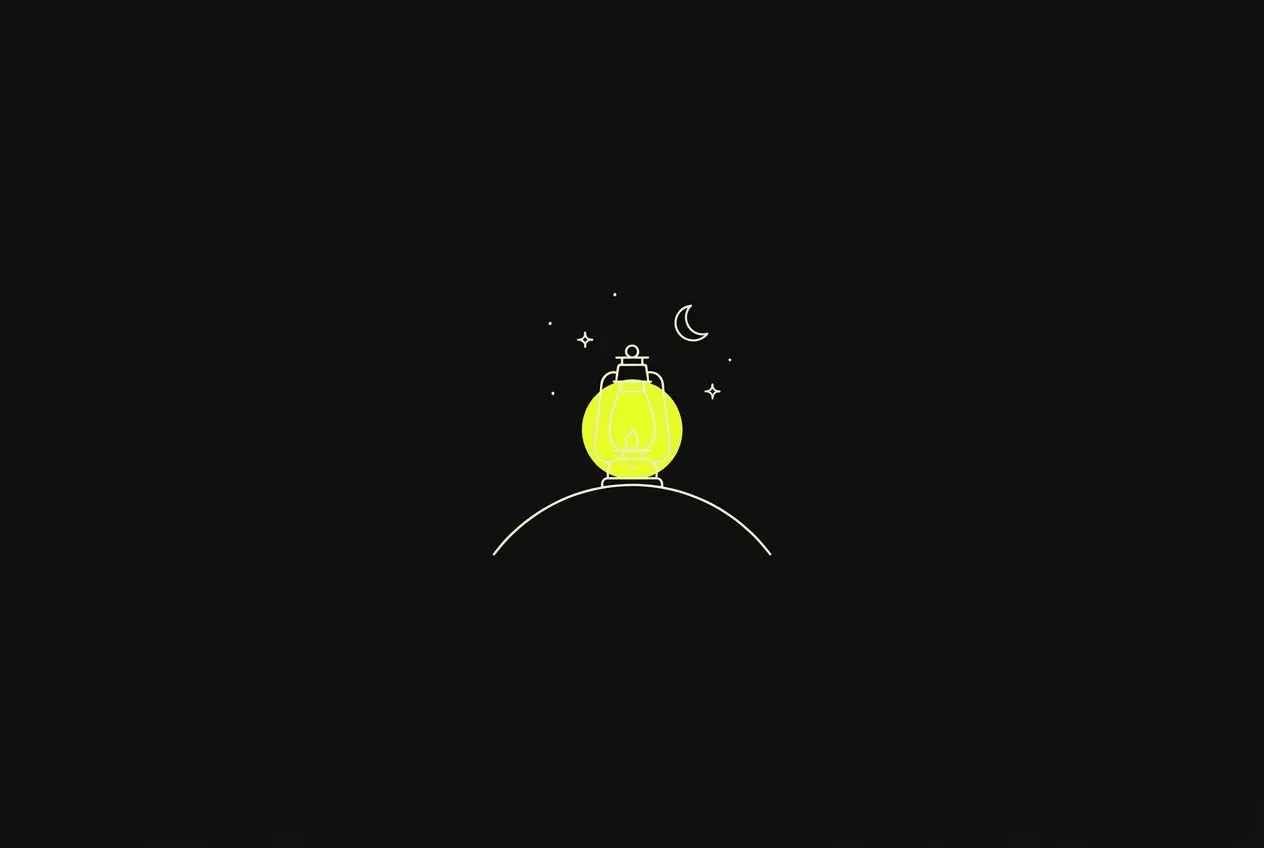 Line illustration: a single lantern alone on a small hill at night, its light acid yellow.