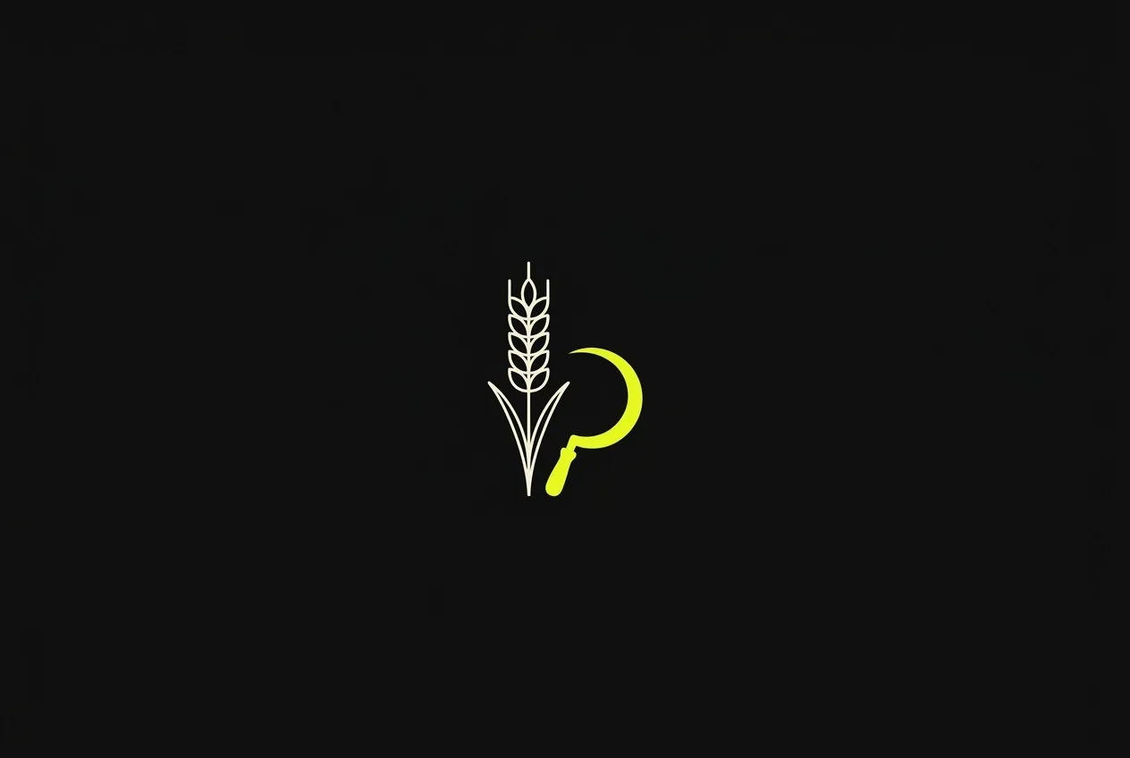 Line illustration: a sheaf of wheat standing upright next to a small sickle, the sickle glowing acid yellow.