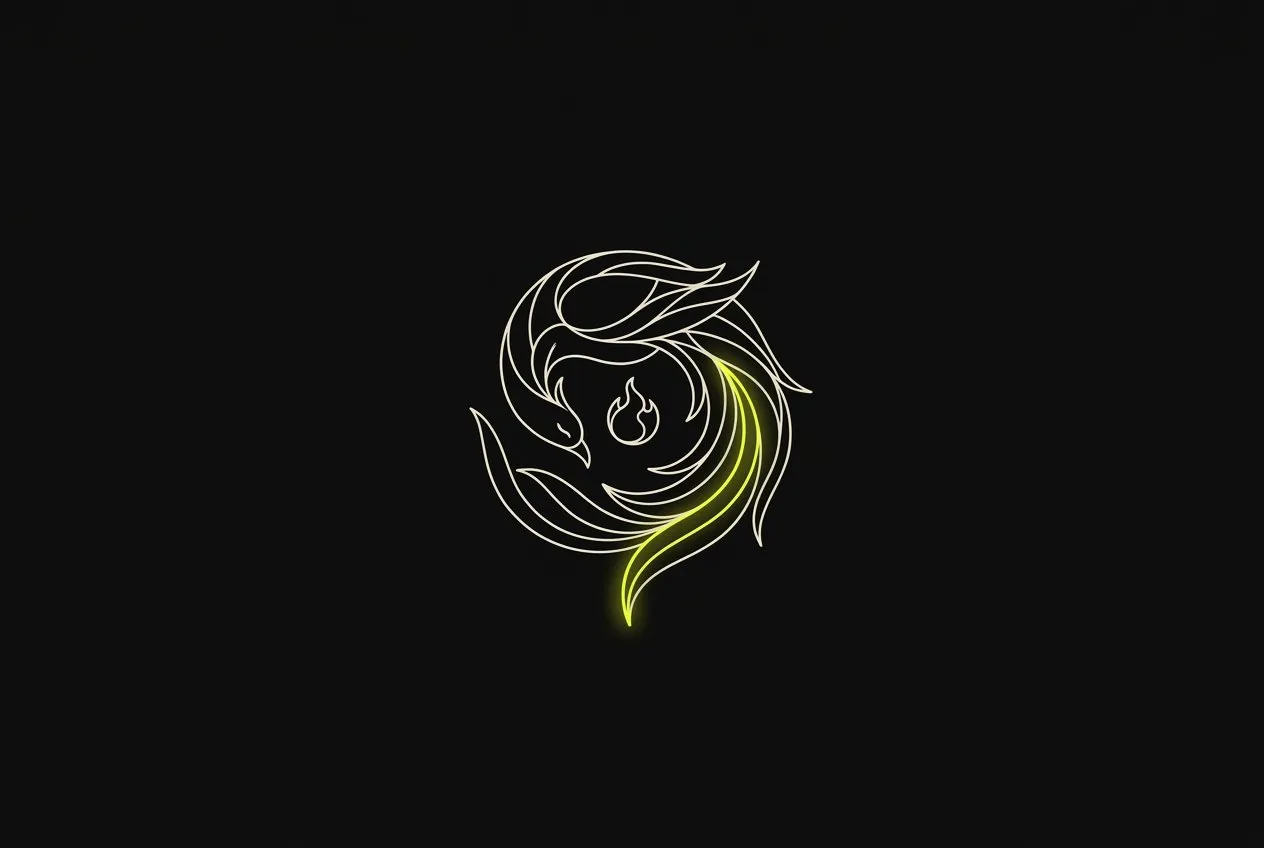 Line illustration: a sleeping phoenix curled around a single ember, one tail feather glowing acid yellow.