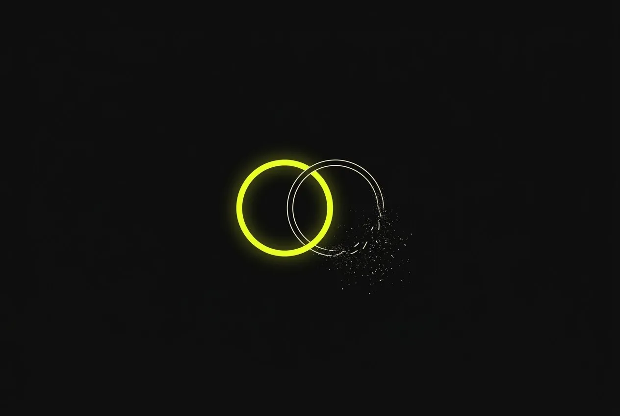 Line illustration: two interlocking rings, one of them slowly dissolving into dust, the intact ring acid yellow.