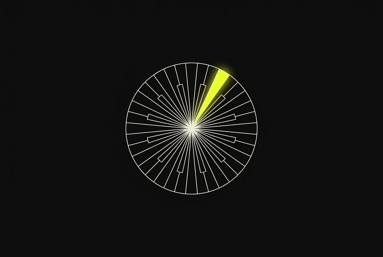 Line illustration: a wheel divided into many thin segments like a mandala, exactly one segment glowing acid yellow.