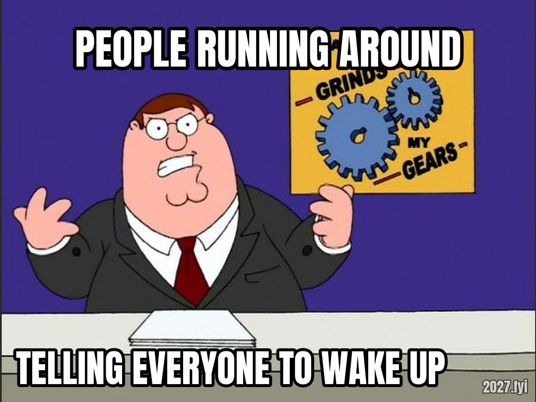 Peter Griffin at a news desk. PEOPLE RUNNING AROUND / TELLING EVERYONE TO WAKE UP