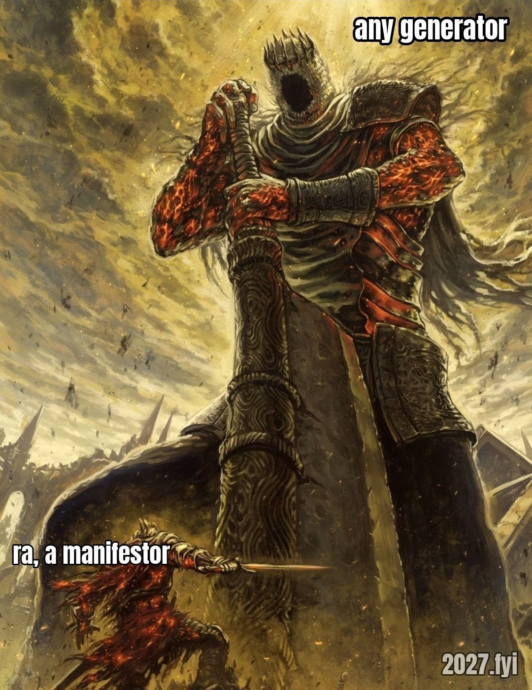 A tiny knight facing a towering giant. ra: "i've never yet met a generator who wasn't more powerful than me" / any generator / ra, a manifestor