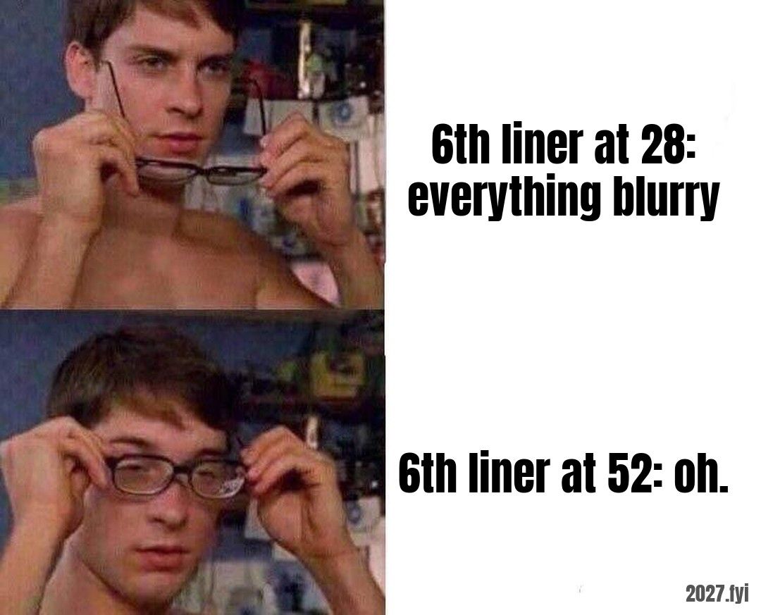 A young man puts on glasses and sees clearly. Labels: 6th liner at 28: everything blurry / 6th liner at 52: oh.